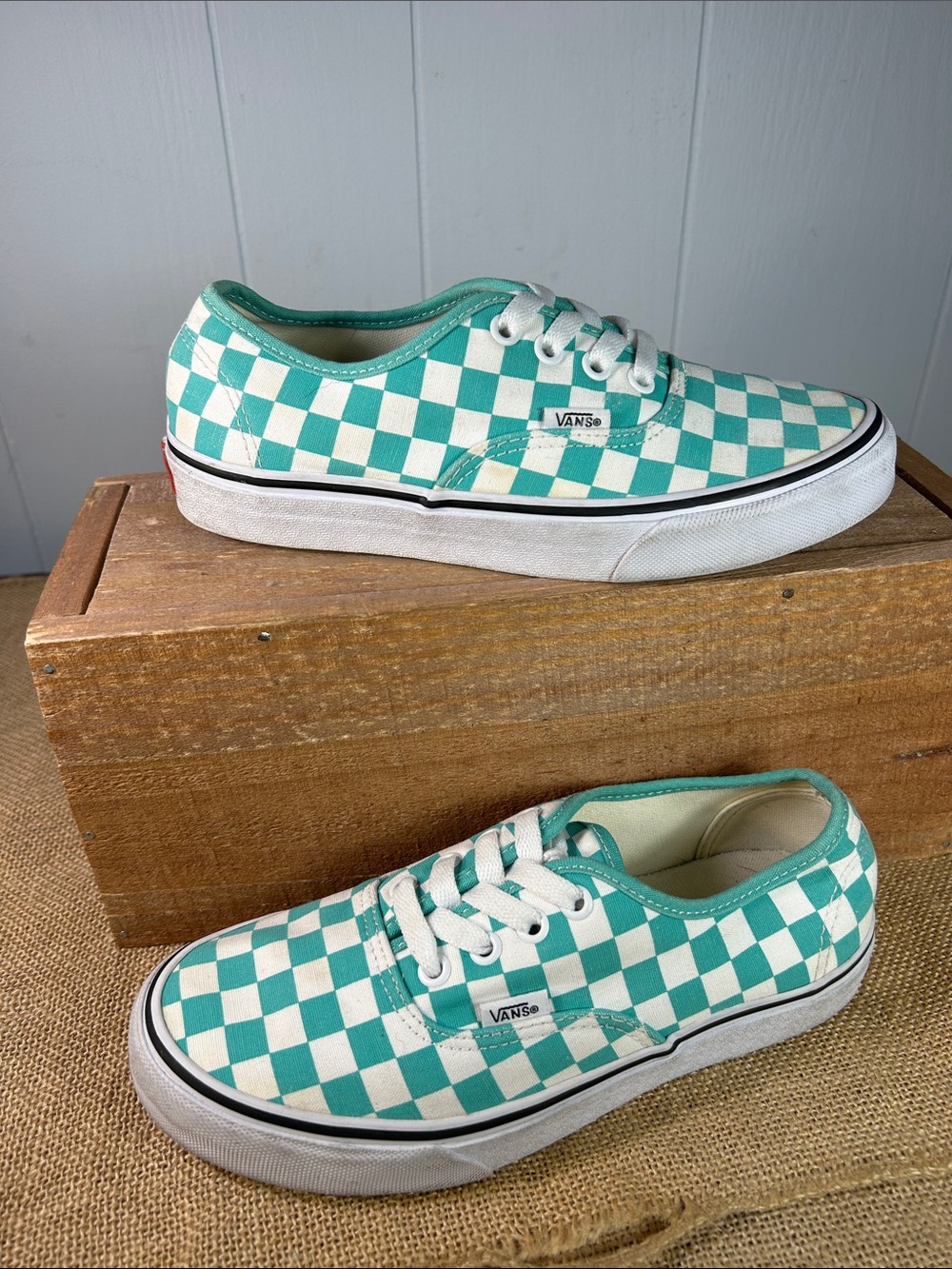 Vans Checkerboard Low-Top Sneakers in Teal and White